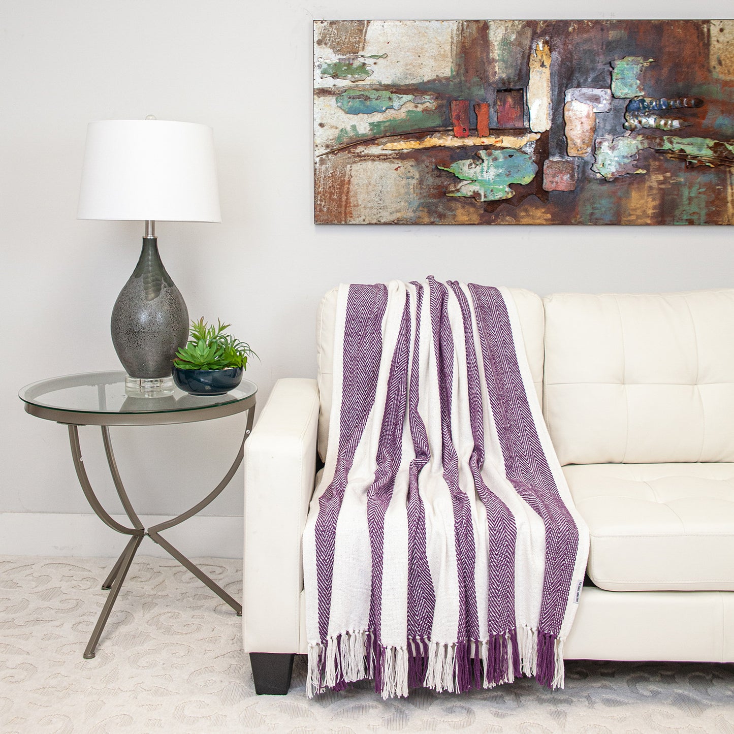 Purple Woven Cotton Striped Throw Blanket