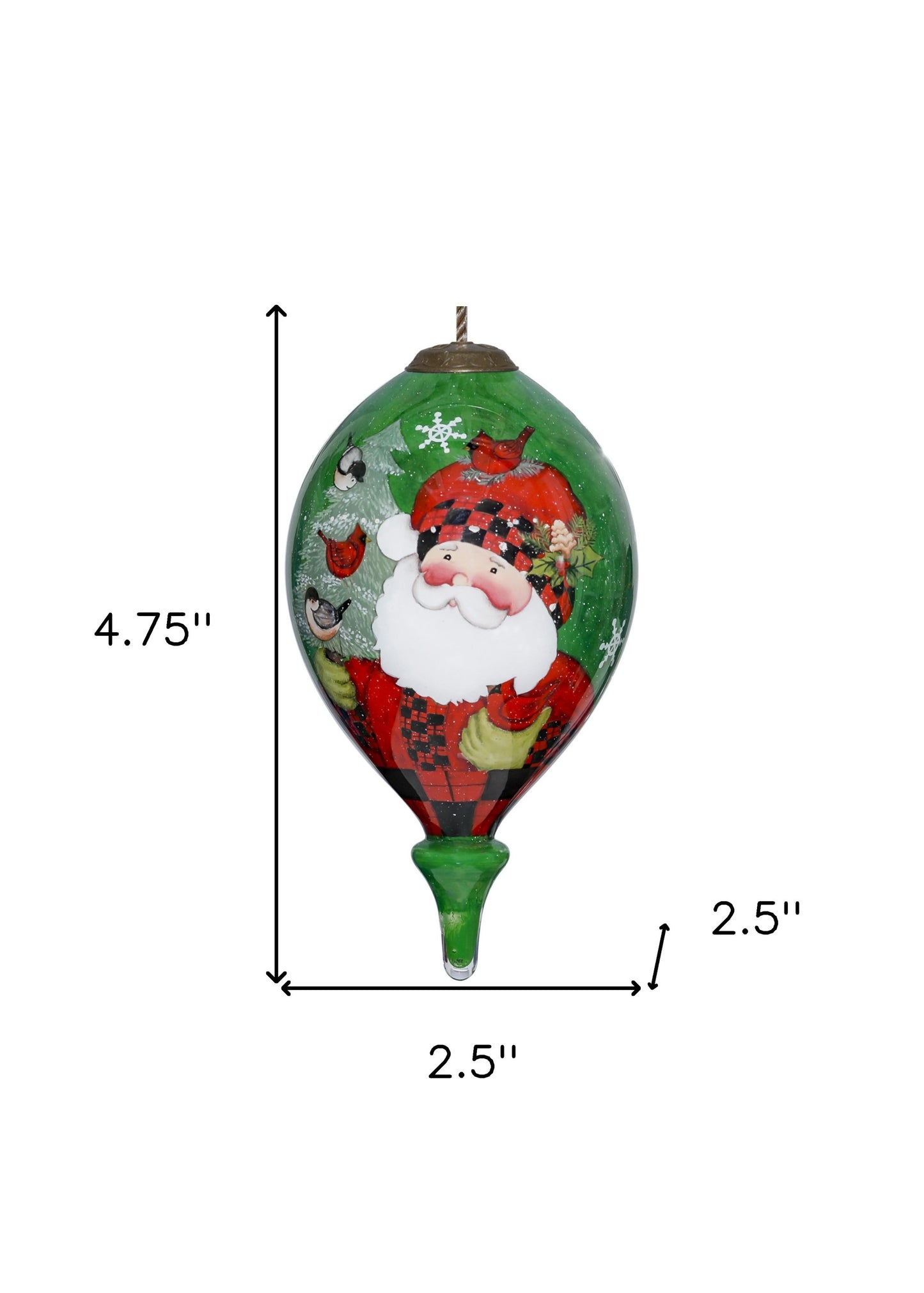 Plaid Santa with Cardinals Hand Painted Mouth Blown Glass Ornament