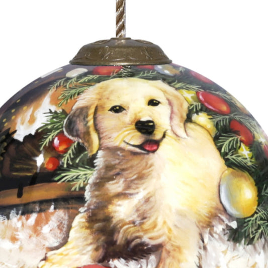 Puppy under the Christmas Tree Hand Painted Mouth Blown Glass Ornament