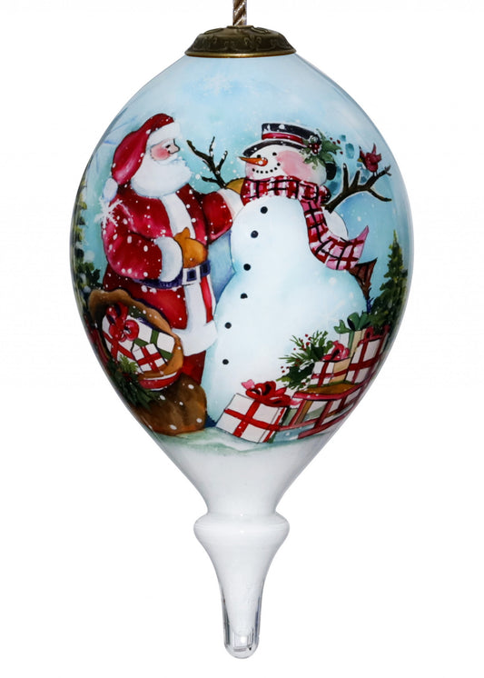 Christmas Santa and Snowman Hand Painted Mouth Blown Glass Ornament