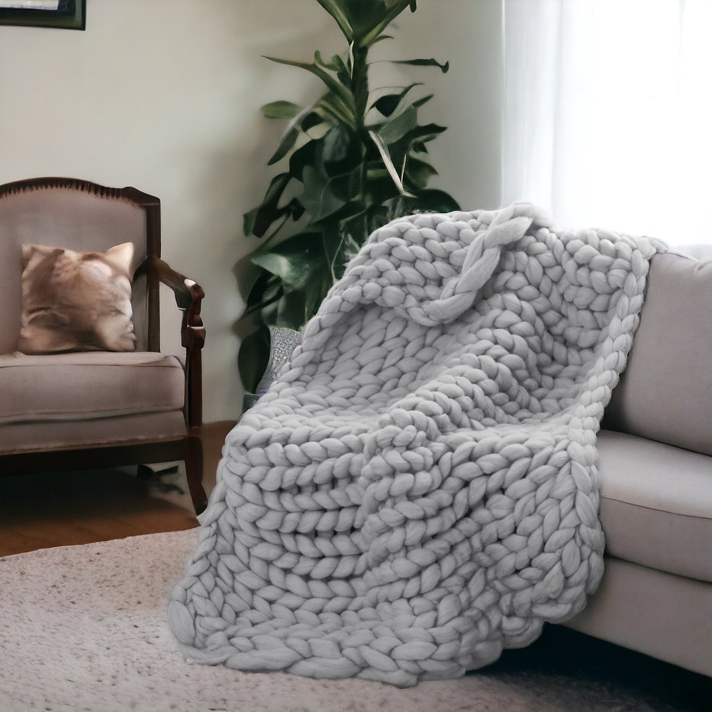 Light Grey Boho Chunky Knit Throw Blanket