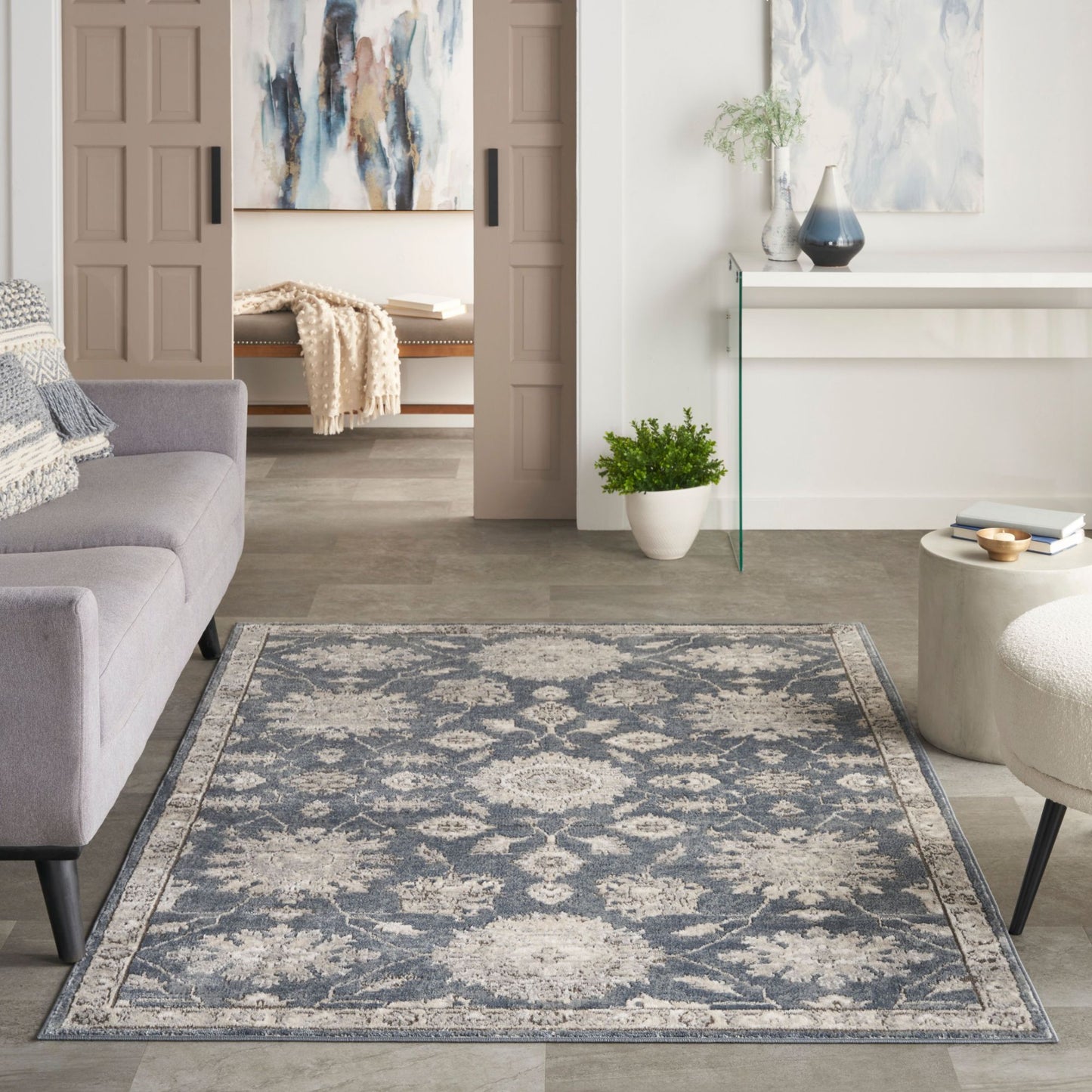 4' x 6' Blue and Beige Oriental Power Loom Non Skid Area Rug