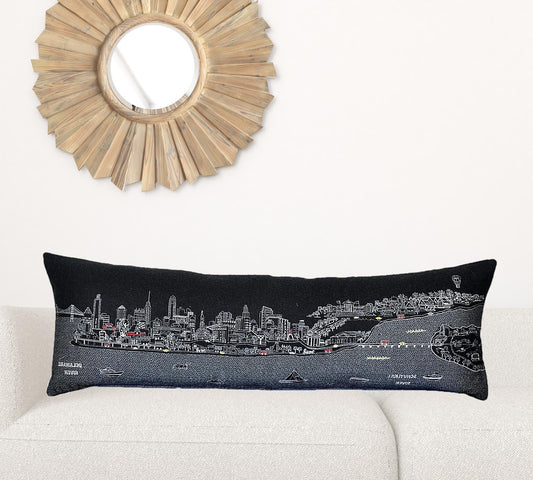 14" X 46" Black Gray and White Wool Zippered Pillow