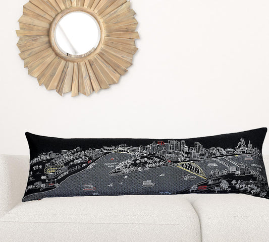 14" X 46" Black Gray and White Wool Zippered Pillow