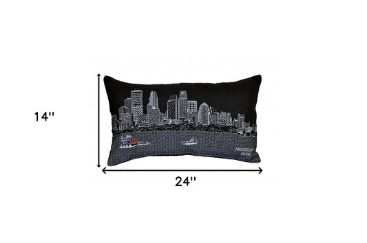 24" Black Minneapolis Nighttime Skyline Lumbar Decorative Pillow