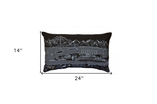 24" Black Homer Spit Nighttime Skyline Lumbar Decorative Pillow
