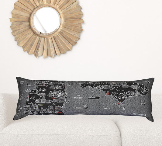 14" X 46" Black Gray and White Wool Zippered Pillow