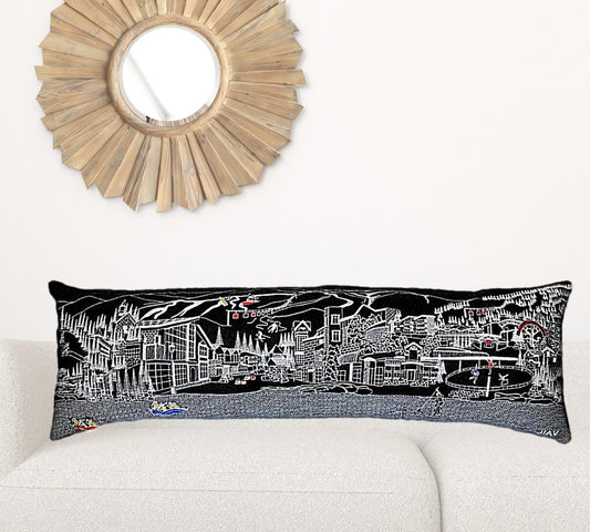 14" X 46" Black Gray and White Wool Zippered Pillow
