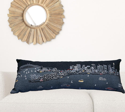 14" X 46" Black Gray and White Wool Zippered Pillow