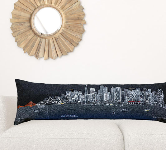14" X 46" Black Gray and White Wool Zippered Pillow