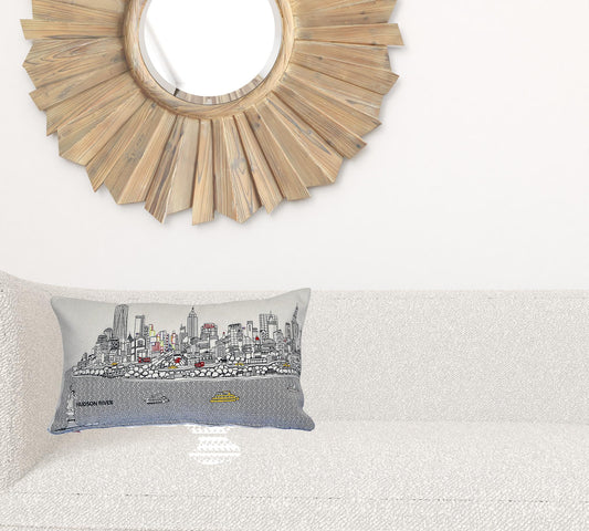 24" White NYC Daylight Skyline Lumbar Decorative Pillow