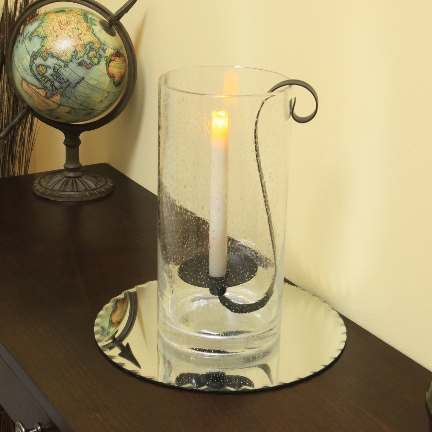 12" Light Gray Seeded Glass Centerpiece Taper Candle Holder With Candle