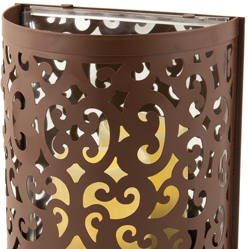 9" Brown Iron Floral Wall Sconce Candle Holder With Candle