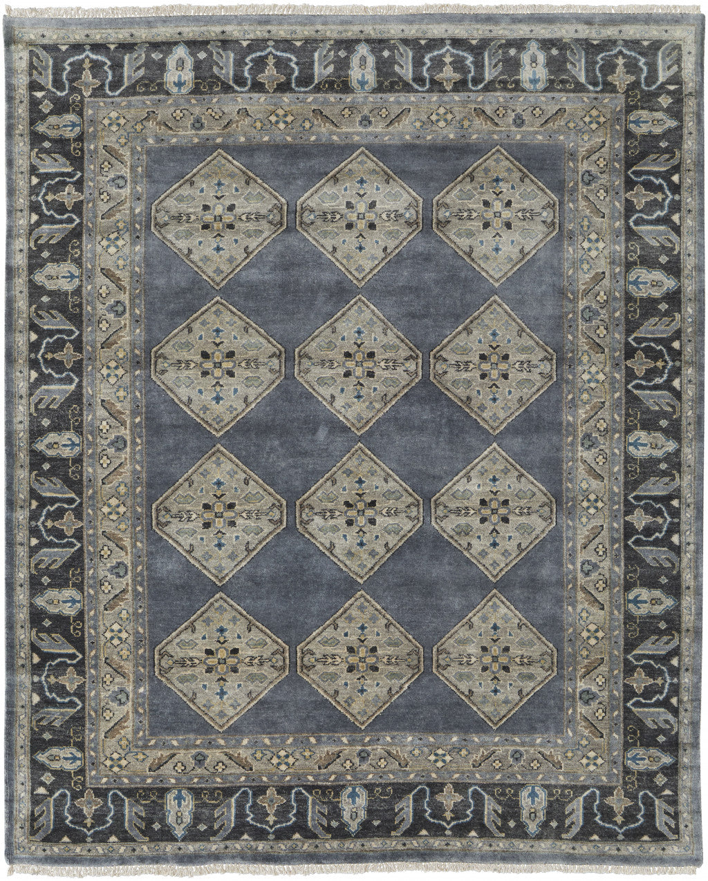 9' X 12' Blue Gray And Taupe Wool Floral Hand Knotted Stain Resistant Area Rug