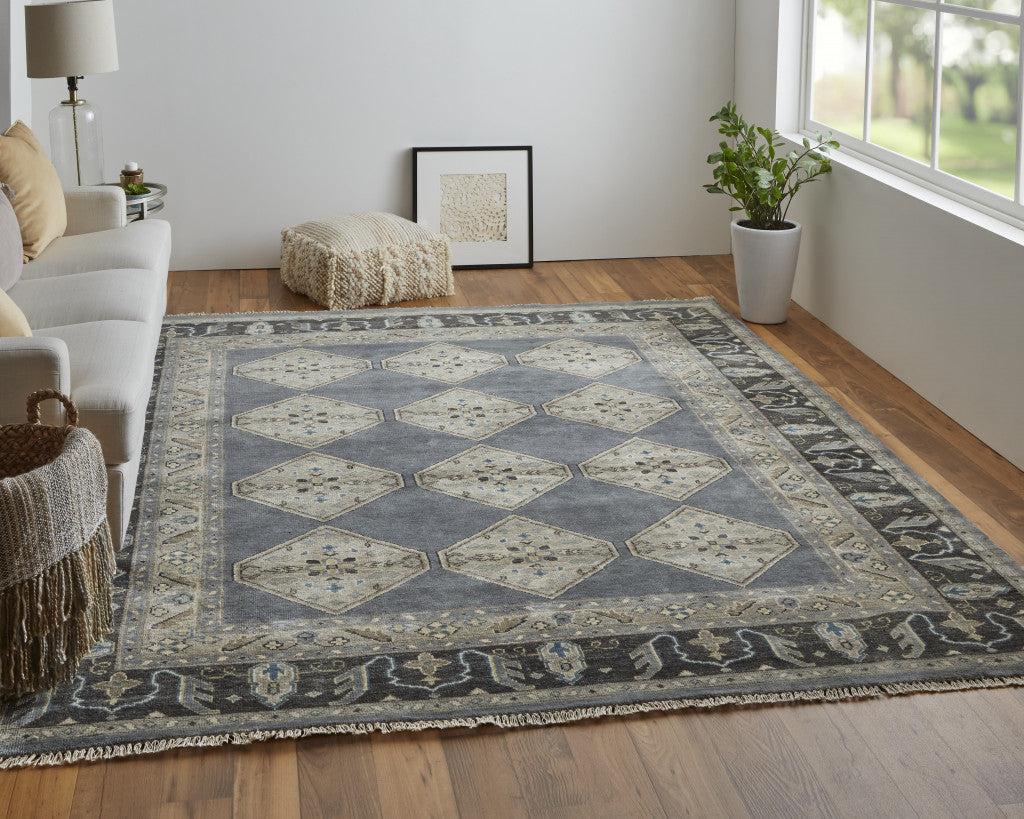 9' X 12' Blue Gray And Taupe Wool Floral Hand Knotted Stain Resistant Area Rug