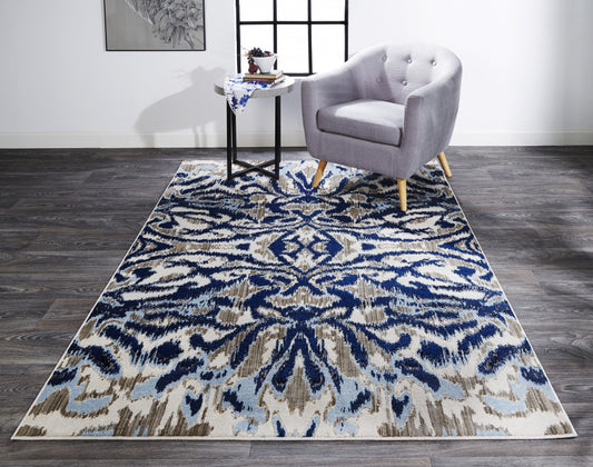 7' X 10' Blue Taupe And Ivory Ikat Distressed Area Rug