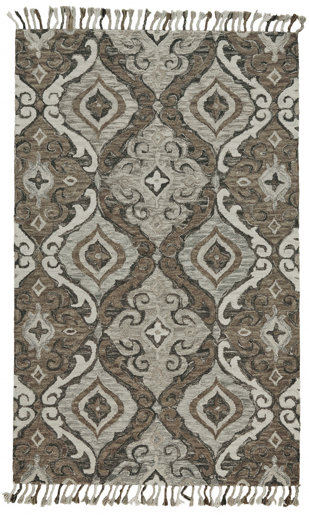 5' X 8' Gray Taupe And Ivory Wool Floral Tufted Handmade Area Rug With Fringe