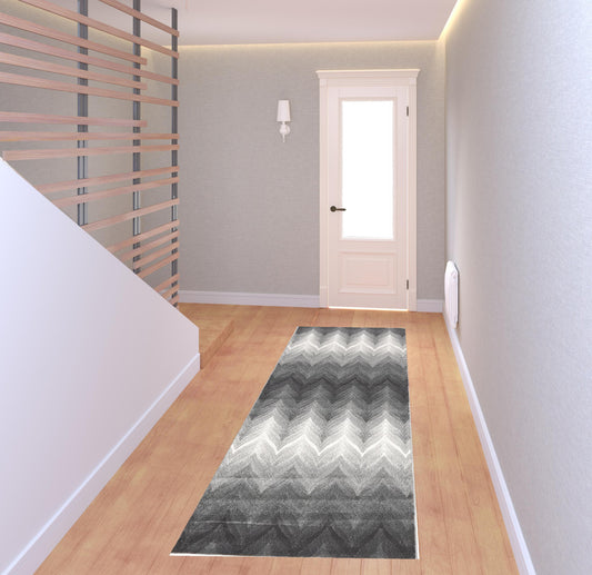 8' Gray and White Geometric Runner Rug