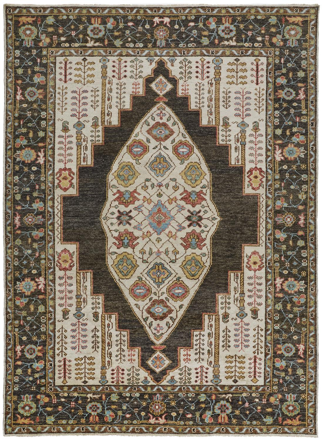 10' X 13' Brown Yellow And Green Wool Floral Hand Knotted Distressed Stain Resistant Area Rug With Fringe