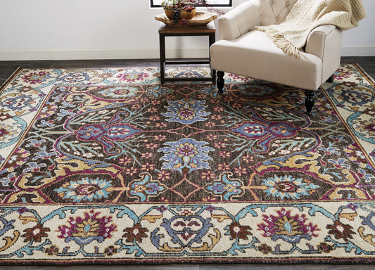 10' X 13' Ivory Brown And Blue Wool Floral Hand Knotted Distressed Stain Resistant Area Rug With Fringe