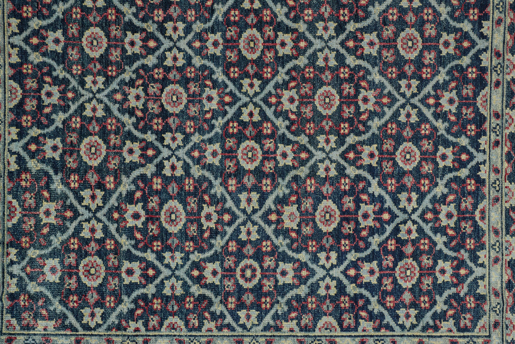 10' X 13' Blue Green And Red Wool Floral Hand Knotted Distressed Stain Resistant Area Rug With Fringe