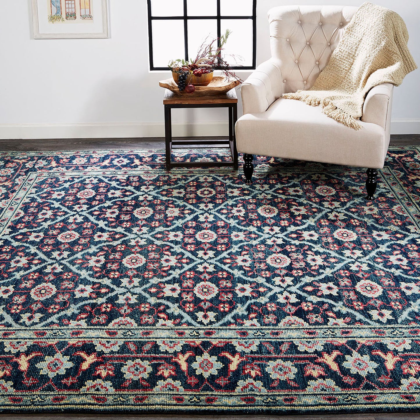 10' X 13' Blue Green And Red Wool Floral Hand Knotted Distressed Stain Resistant Area Rug With Fringe