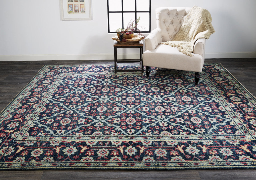 10' X 13' Blue Green And Red Wool Floral Hand Knotted Distressed Stain Resistant Area Rug With Fringe