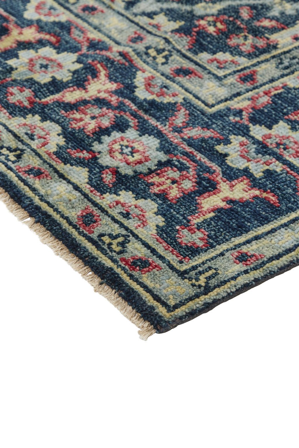 10' X 13' Blue Green And Red Wool Floral Hand Knotted Distressed Stain Resistant Area Rug With Fringe