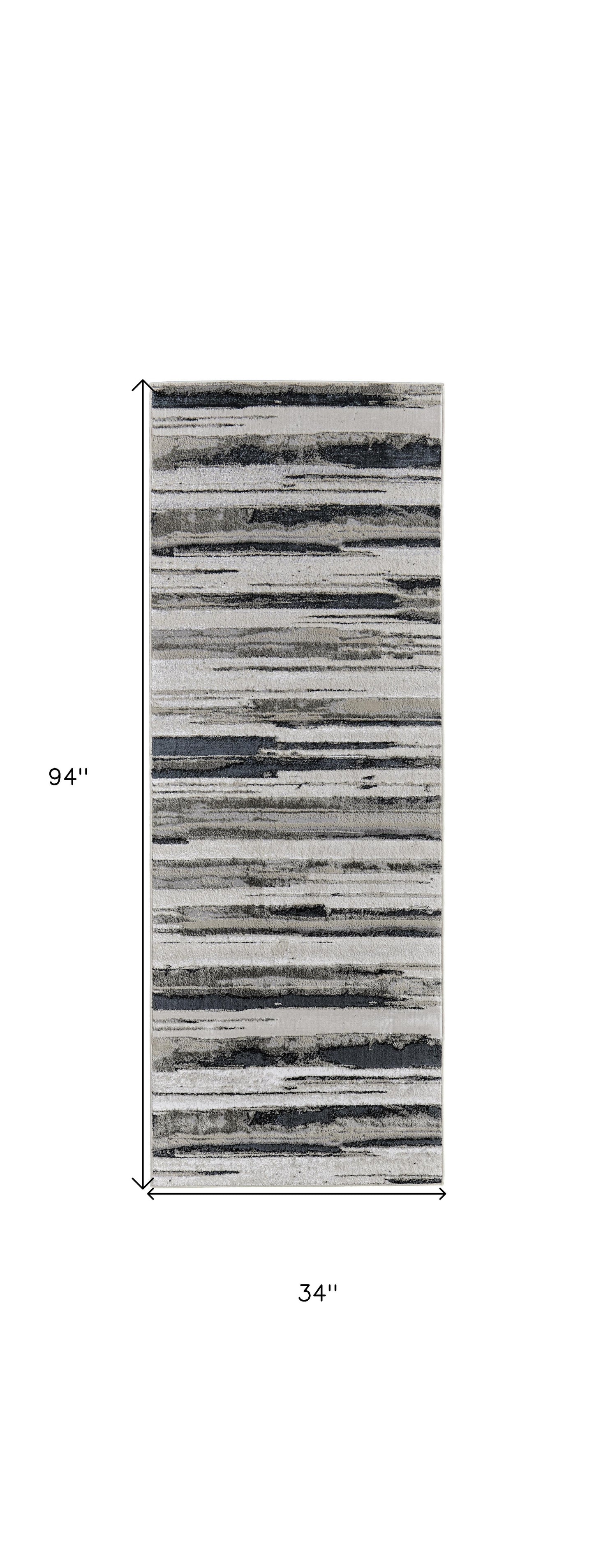 8' Beige and Black Abstract Distressed Runner Rug