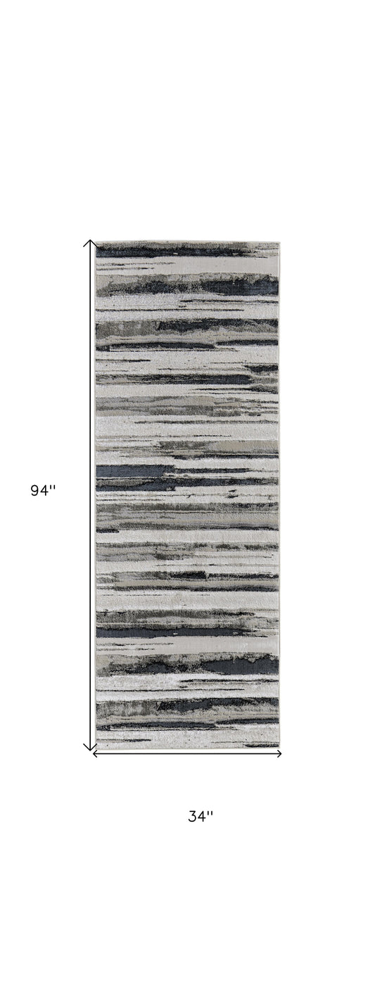 8' Beige and Black Abstract Distressed Runner Rug