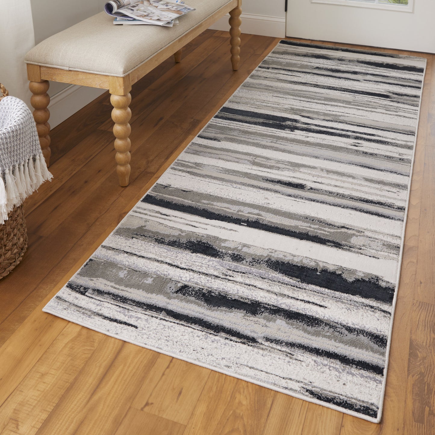 8' Beige and Black Abstract Distressed Runner Rug