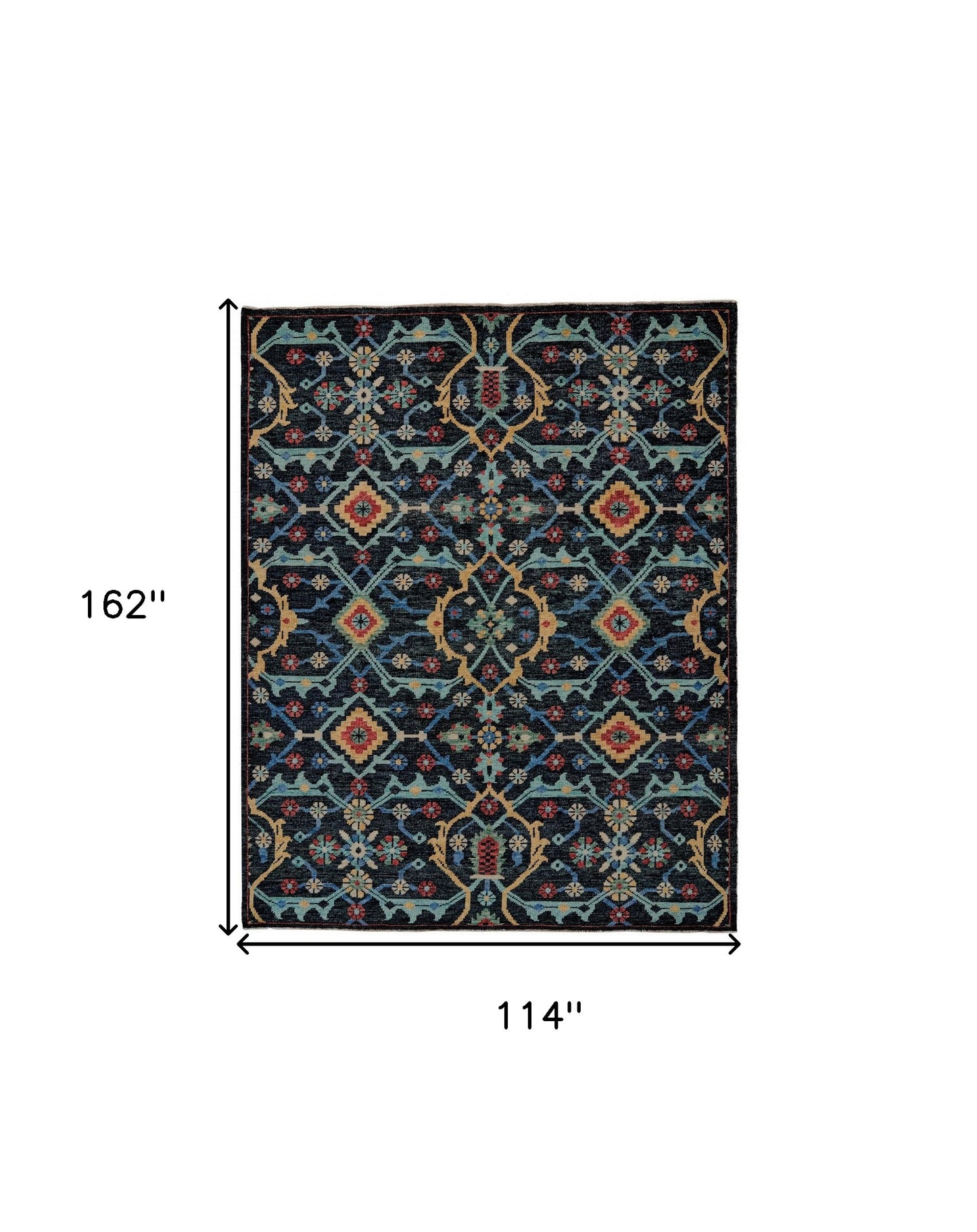 10' X 13' Blue Yellow And Red Wool Floral Hand Knotted Distressed Stain Resistant Area Rug With Fringe