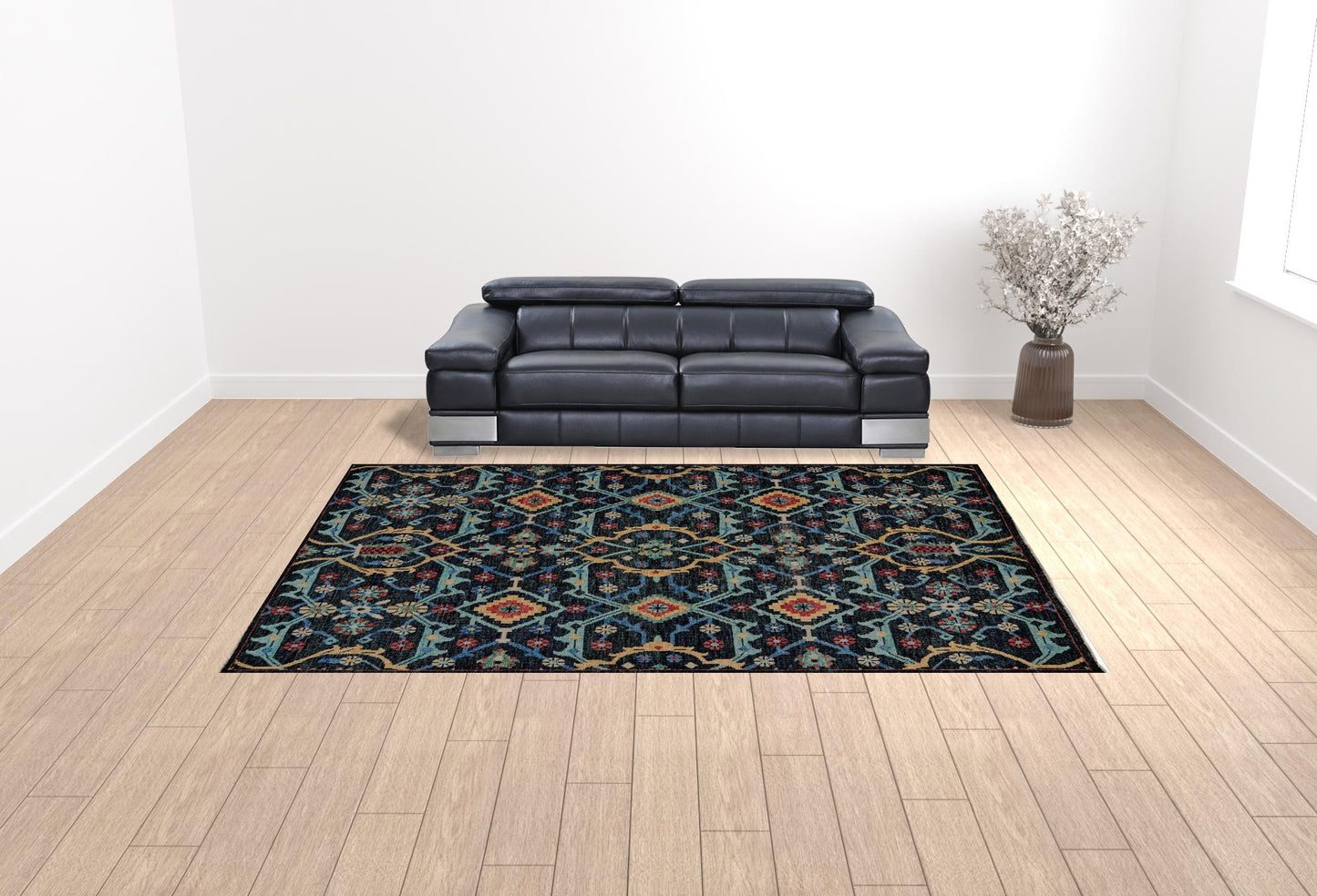 10' X 13' Blue Yellow And Red Wool Floral Hand Knotted Distressed Stain Resistant Area Rug With Fringe