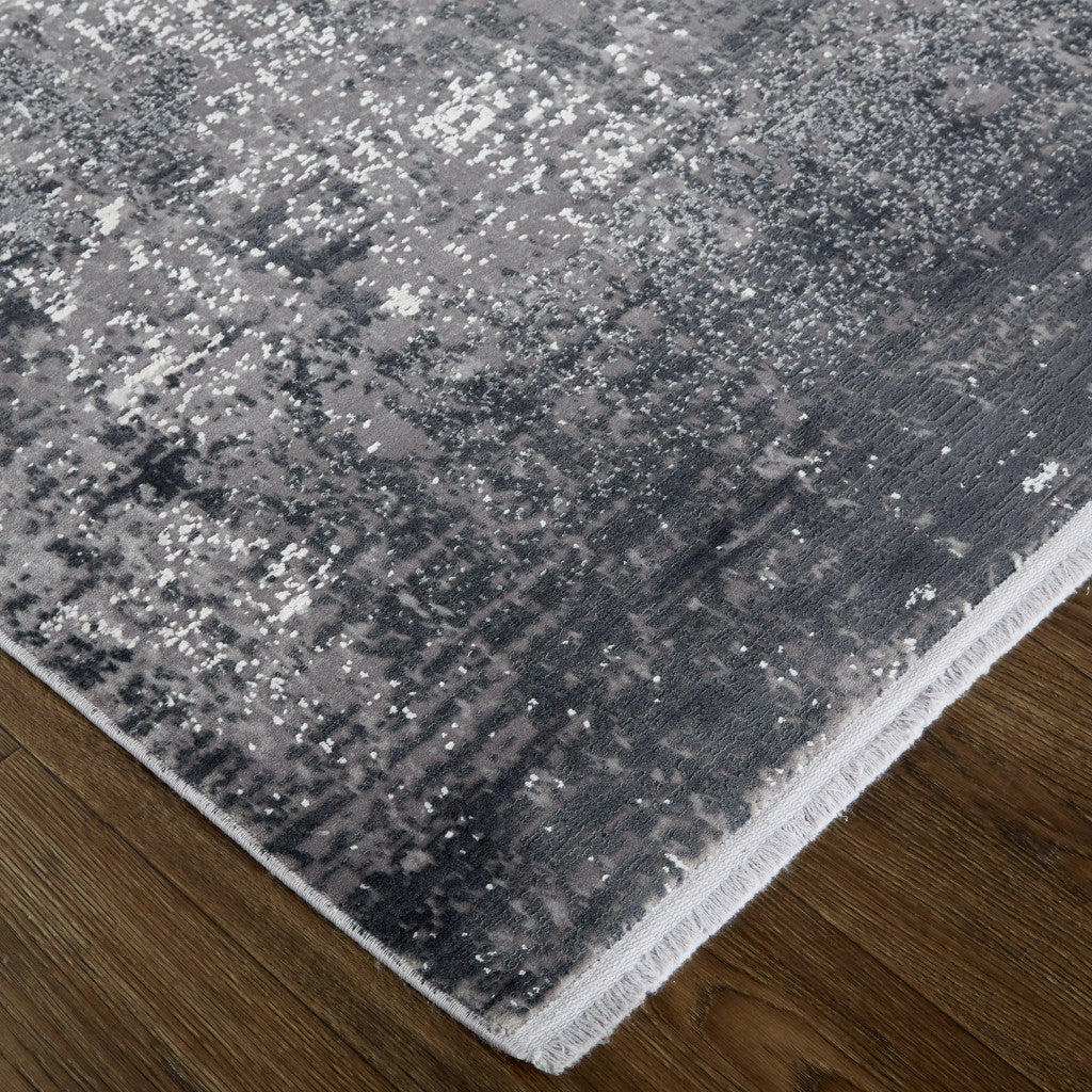 12' X 15' Gray And Black Abstract Power Loom Distressed Area Rug With Fringe