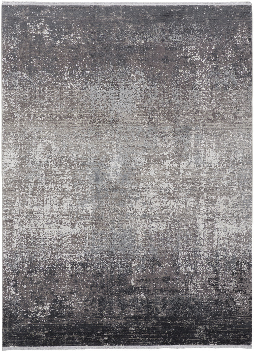 12' X 15' Gray And Black Abstract Power Loom Distressed Area Rug With Fringe