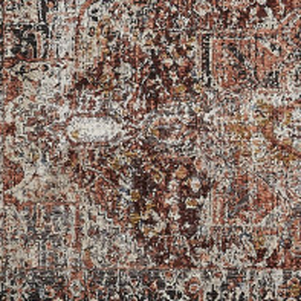 12' Red Ivory And Black Abstract Distressed Runner Rug With Fringe