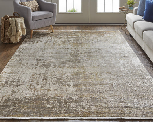 12' X 15' Taupe Ivory And Gold Abstract Area Rug With Fringe