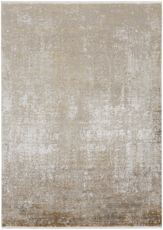 Taupe Ivory And Gold Abstract Power Loom Distressed Area Rug