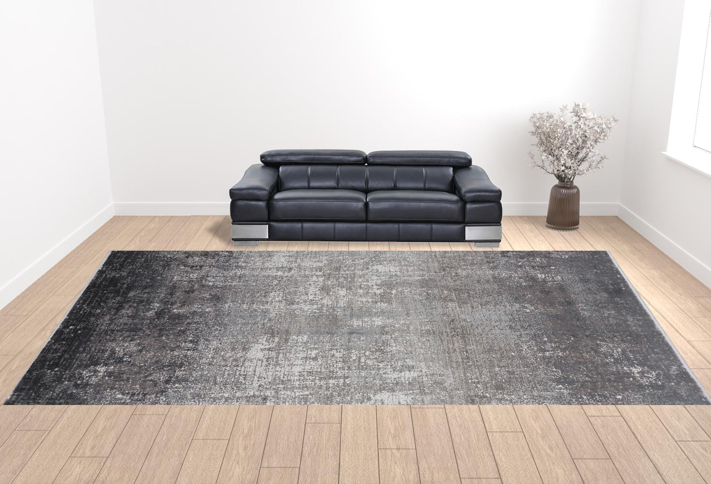 Gray Black And Silver Abstract Power Loom Distressed Area Rug