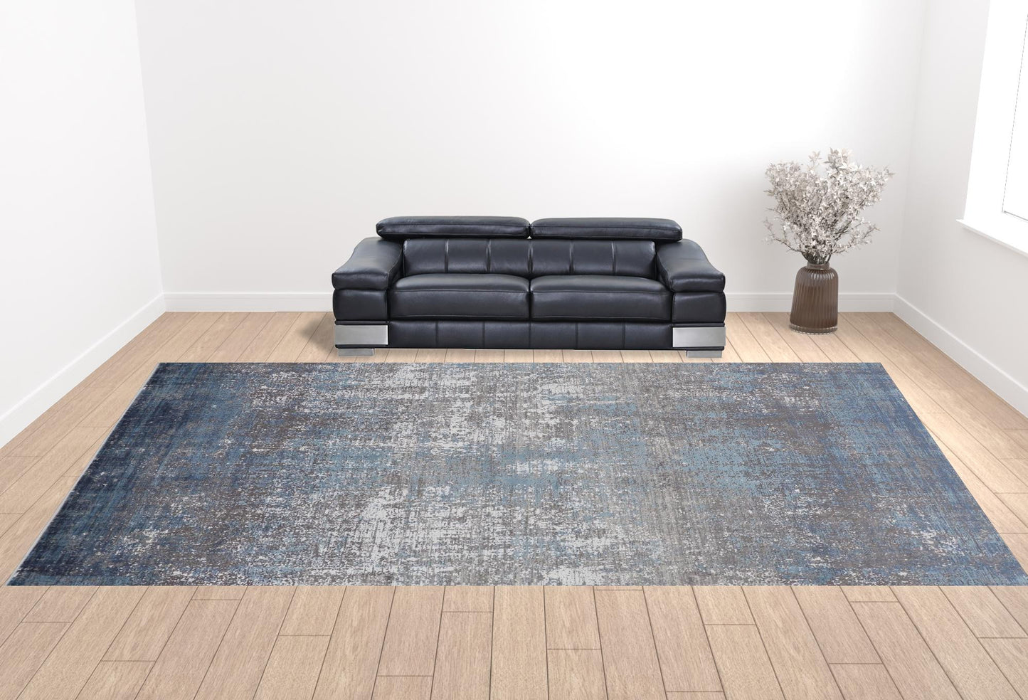 Blue Gray And Silver Abstract Power Loom Distressed Area Rug