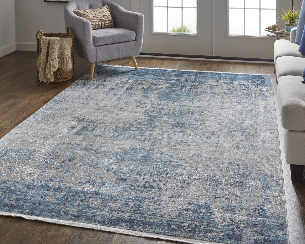 Blue Gray And Silver Abstract Power Loom Distressed Area Rug