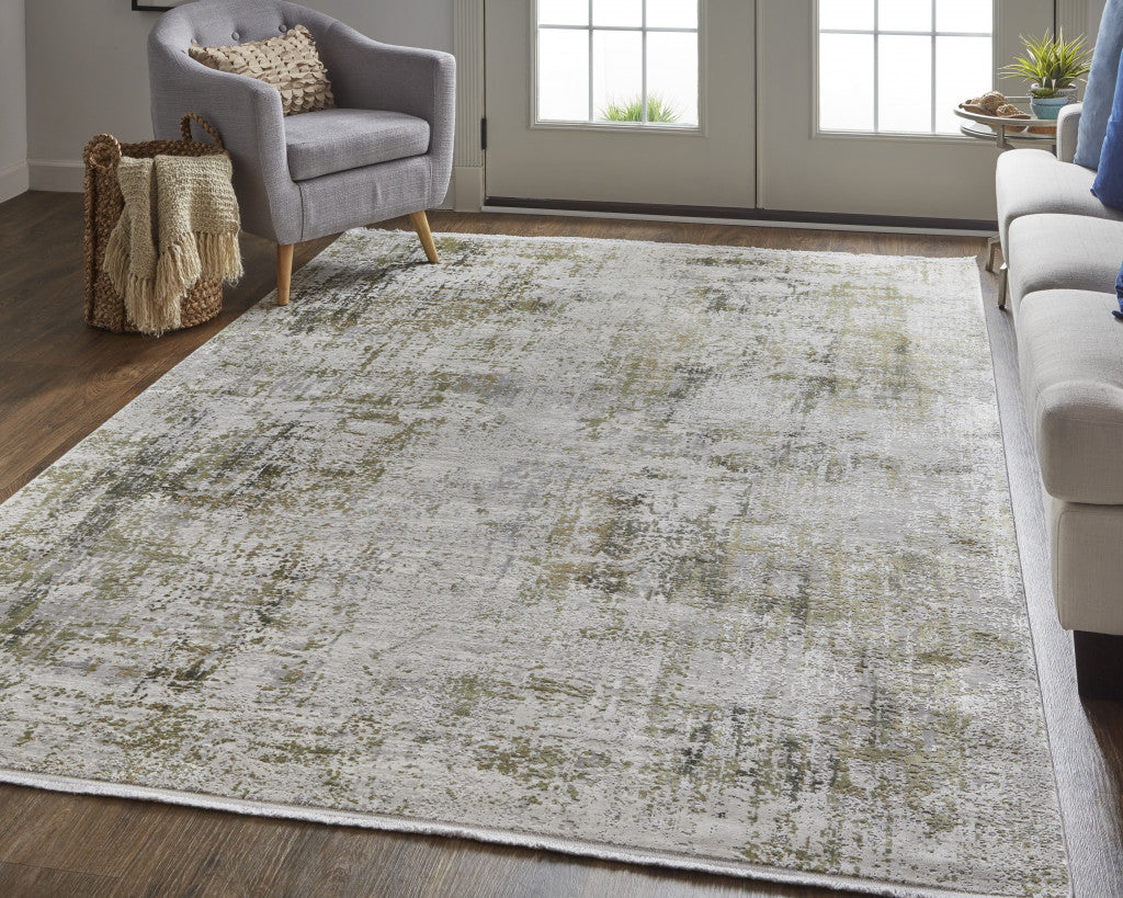 12' X 18' Green Gray And Ivory Abstract Power Loom Distressed Area Rug