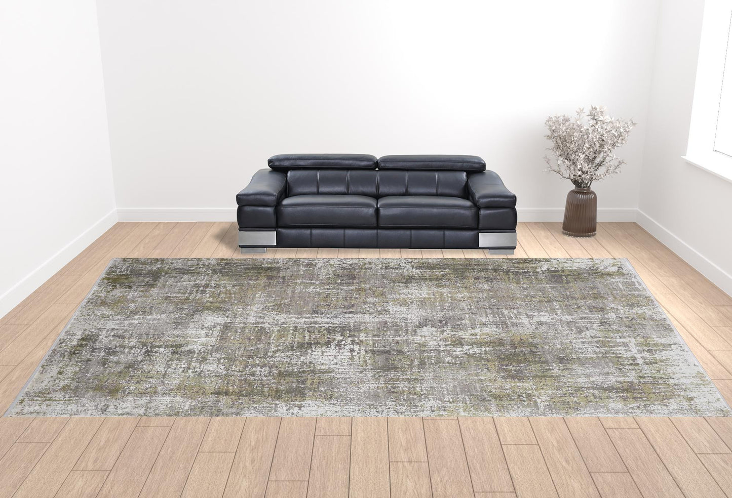 Green Gray And Ivory Abstract Power Loom Distressed Area Rug