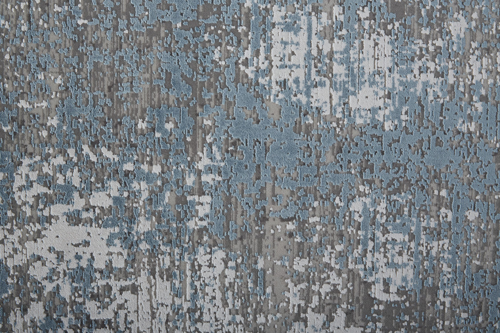 12' X 15' Blue Gray And Silver Abstract Power Loom Distressed Area Rug With Fringe