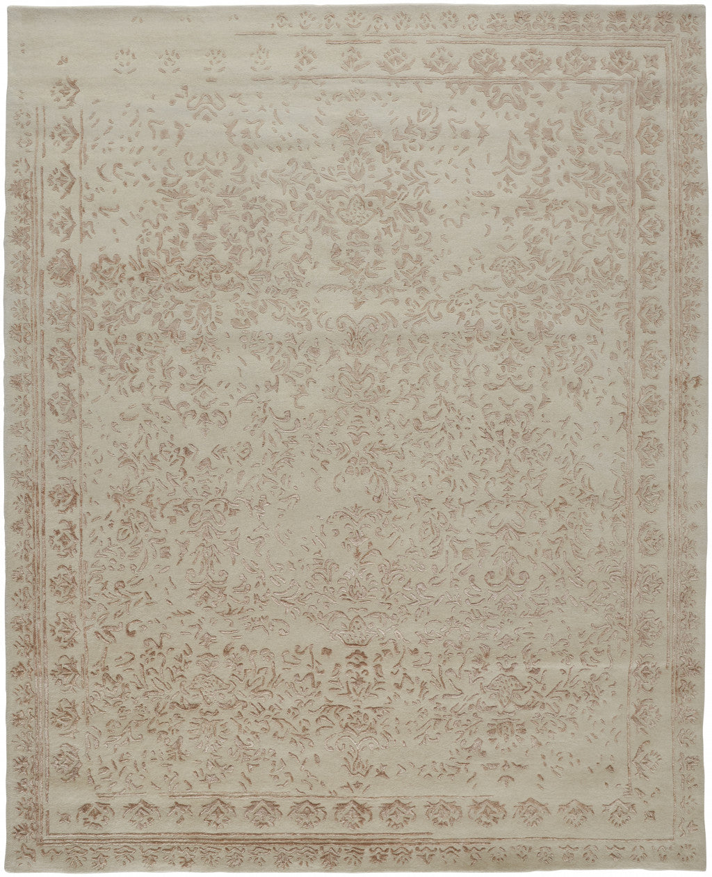 10' X 14' Ivory Tan And Pink Wool Floral Tufted Handmade Distressed Area Rug