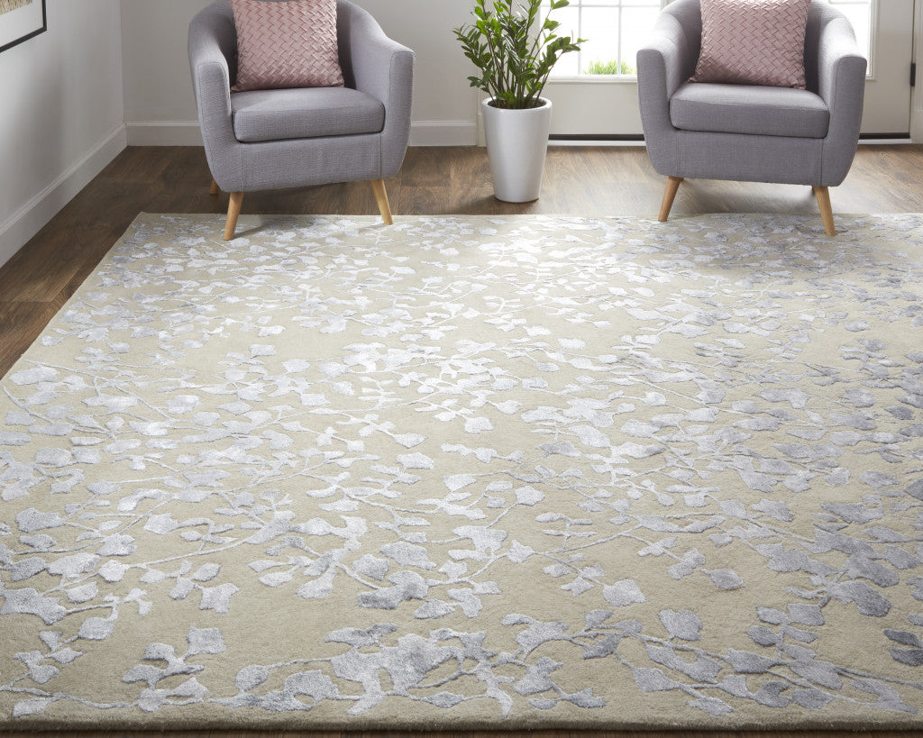 10' X 14' Tan Silver And Gray Wool Floral Tufted Handmade Area Rug