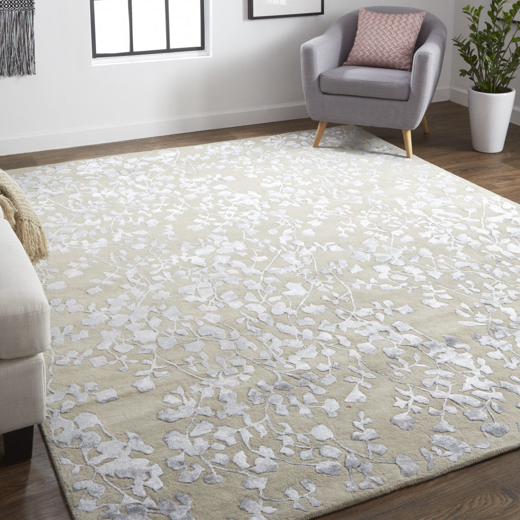 10' X 14' Tan Silver And Gray Wool Floral Tufted Handmade Area Rug