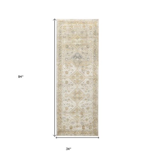 8' Gold and Ivory Floral Runner Rug