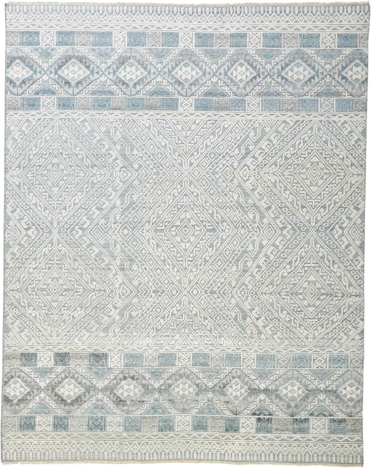 10' X 13' Ivory Blue And Gray Geometric Hand Knotted Area Rug