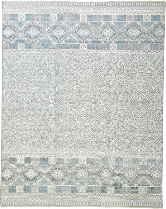 10' X 13' Ivory Blue And Gray Geometric Hand Knotted Area Rug